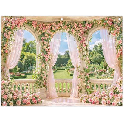 Fabric 8x6ft Spring Window Scenery Photography Backdrop Pink Flowers Rose Graden Background Girl Princess Wedding Bridal Shower Birthday Party Decorations Photo Props - size: 8'x6'