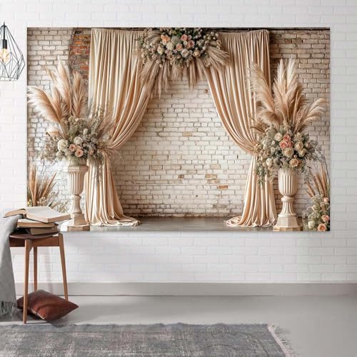 5X3ft Boho Floral Wedding Backdrop Vintage Flowers Brick Wall Background Photography Backdrops for Parties Wedding, Girls Birthday Princess Weeding Bridal Shower Floral Anniversary Ceremony Decor - color: Boho01, size: 5X3FT