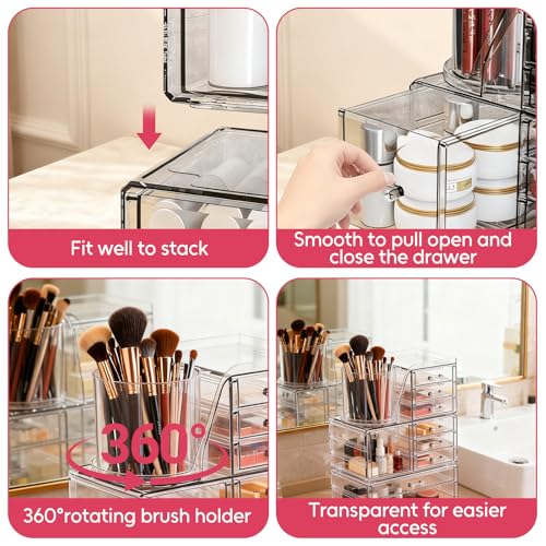 ShineMe Clear Makeup Organizer with 9 Drawers, 3 Tier Stackable Makeup Storage Organizer with Rotating Brush Holder, Acrylic Countertop Makeup Organizer for Vanity Skincare Jewelry Hair Accessories