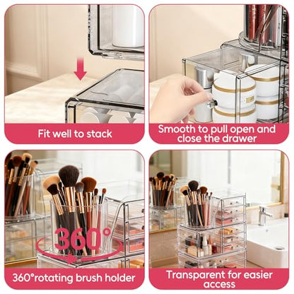 ShineMe Clear Makeup Organizer with 9 Drawers, 3 Tier Stackable Makeup Storage Organizer with Rotating Brush Holder, Acrylic Countertop Makeup Organizer for Vanity Skincare Jewelry Hair Accessories