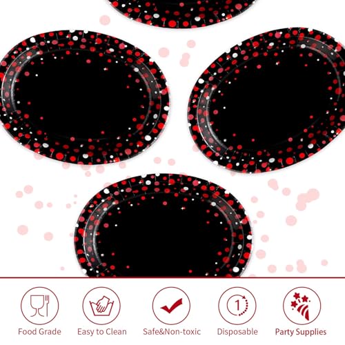 50 Pcs Black and Red Oval Plates 10" x 12" Large Graduation Party Plates Disposable Heavy Duty Red Dot on Black Paper Plates for Congrats Grad Holiday Fiesta Wedding Birthday Party Decorations - style: Black and Red Dot Oval Plates