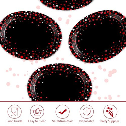 50 Pcs Black and Red Oval Plates 10" x 12" Large Graduation Party Plates Disposable Heavy Duty Red Dot on Black Paper Plates for Congrats Grad Holiday Fiesta Wedding Birthday Party Decorations - style: Black and Red Dot Oval Plates