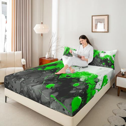 Abstract Art Fitted Sheet Green Twin Bed Sheets | Ombre Marble Texture Ink Fluid Art Gradient Black Marbling Bed Set - color: Green, size: Twin