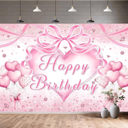 5X4ft Pink Bow Happy Birthday Backdrop Hot Pink Coquette Balloons Birthday Party Photography Background for Girls Women Glitter Wedding Baby Shower Decorations Backdrop Photo Booth - color: Pink, size: 5X4FT