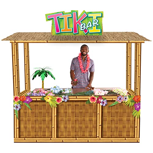 Beistle 3-D Tiki Bar Prop – Large Corrugated Cardboard Luau Display, 6' 11" x 7' 3" Life Size Hawaiian Themed Beach Party Decoration with Floral Details and Sign, Assembly Required