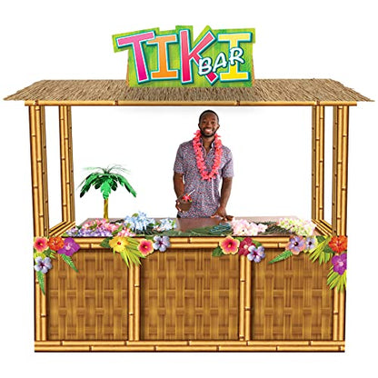 Beistle 3-D Tiki Bar Prop – Large Corrugated Cardboard Luau Display, 6' 11" x 7' 3" Life Size Hawaiian Themed Beach Party Decoration with Floral Details and Sign, Assembly Required