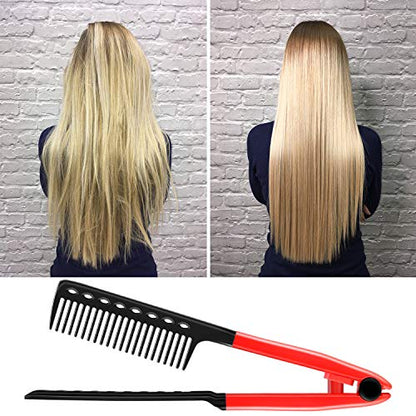 2 Pieces Flat Straightening Comb Salon Hair Brush Comb Hairdressing Styling Straightener V-shaped Straight Straightener(Red, Black) - color: Red, Black
