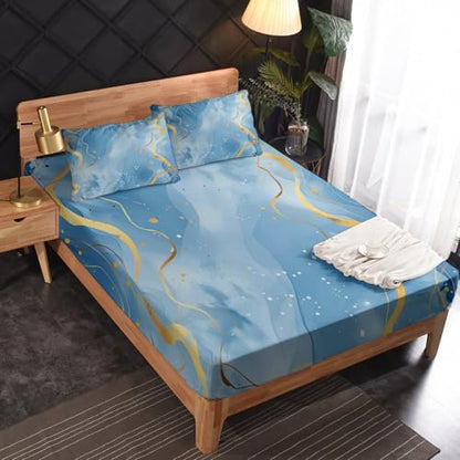Blue White Marble Bed Sheets Twin Size, Kids Sheet Set, Soft Microfiber Deep Pocket Wrinkle Free Fitted Sheet & Flat Sheet & Pillowcase Sets, Abstract Bohemia Ombre Watercolor Bedding Sheets - 3 Piece - color: Blue, size: Twin