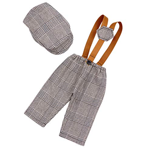 Newborn Monthly Baby Photo Props Stripe Checked Flat Cap Newsboy Suspender Pants Romper for Photography Outfits - color: Creamy Gray