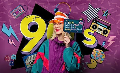 90s Party Decoration Kit - Includes Photography Backdrop & 10 Studio Selfie Photo Booth Props with Sticks - 90's Retro Style Hip Hop Theme Studio Background Banner Supplies - size: 90s