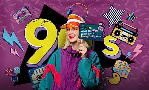 90s Party Decoration Kit - Includes Photography Backdrop & 10 Studio Selfie Photo Booth Props with Sticks - 90's Retro Style Hip Hop Theme Studio Background Banner Supplies - size: 90s
