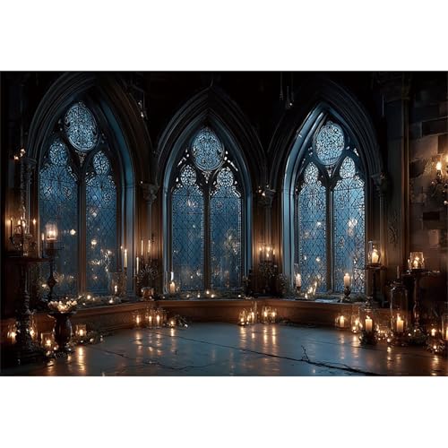 Vintage Castle Wall Backdrop Photography 7x5ft Night Candlelight Gothic Fantasy Castle Ancient Arch Window Background Halloween Backdrops Wedding Birthday Party Decorations Props Video - color: dark blue-1, size: 7x5ft