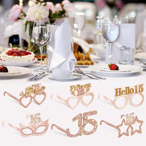 24PCS 15th Birthday Paper Eyeglasses Decorations for Girls Women, Pink Rose Gold Sweet 15 Birthday Quinceanera Decoration Eyeglasses Party Supplies, Funny Fifteen Year Old Birthday Glasses Decor - style: Rose Gold 15th