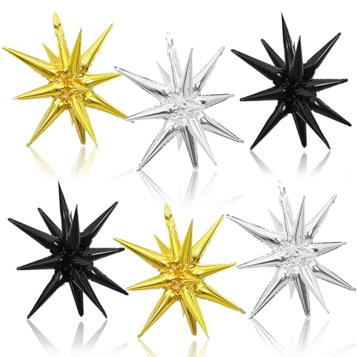 Gold Silver Black Star Balloons, 22 Inch Gold Silver Black Foil Explosion Star Balloons, Large Cone Spike Balloon for Birthday Graduation Wedding Anniversary Party Backdrop Decorations - color: Gold Silver Black