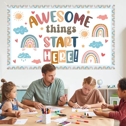 Wiooffen Back to School Classroom Decorations Boho Motivational Inspirational Quotes Backdrop Awesome Things Start Here Hanging Banner Photo Booth Props Background for School Hallway Home Wall Decor