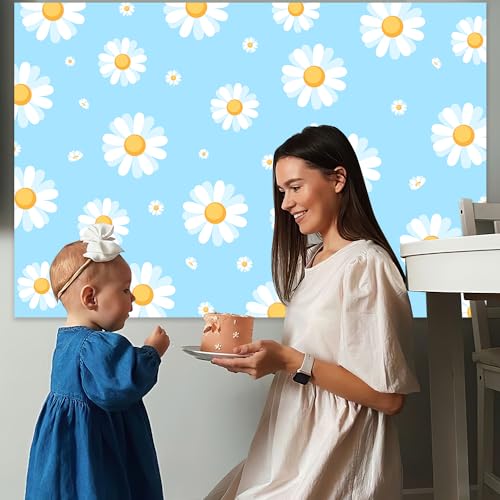 Blue Retro Daisy Backdrop Hippie Boho Party Decorations White Floral Blue Photo Background Cake Table Banner for Boys Groovy Baby Shower Birthday Party Decor Supplies Photoshoot Studio Props 5x3ft - color: Blue