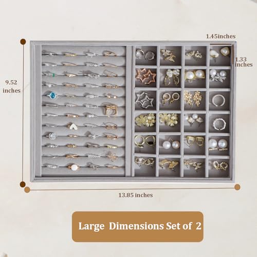 Large Velvet Jewelry Tray 2 Pack Stackable Jewelry Display Drawer Inserts Trays Organizer for Earring Bracelet Necklace Ring (Gray, Ring and 24 Grids) - color: Gray, size: Ring and 24 Grids