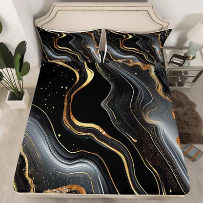 Erosebridal Gold Black Marble Bedding Set for Kids, Gold Glitter Abstract Marbling Bed Sheets Metallic Marble Texture Fitted Sheet Ombre Stone Pattern Fluid Bed Set Full Size with 2 Pillow Cases - color: Black Gold, size: Full
