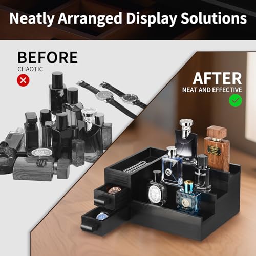 Perfume Stand Organizer for Men, 3 Tier Perfume Display Shelf with Velvet Lining Drawer and Hidden Compartment,Display Risers (Black - 2 Drawer) - style: 2 drawer - Black