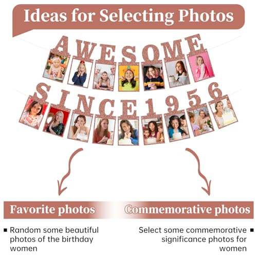 Pre-strung Awesome Since 1956 Photo Banner Birthday Decorations for Women- Pink Rose Gold Glitter 70th Birthday and Anniversary Decorations Party Supplies - style: Pink Rose Gold 70th