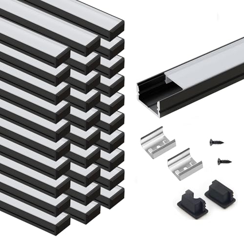 VST 30 Pack 3.3ft/1M LED Aluminum Channel U Shape with Milky PC Cover for Strip Lights Installation, Easy to Cut, Professional Look LED Strip Diffuser Cover Track with Complete Mounting Accessories - color: Black & Milky, size: 3.3ft 30