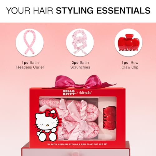 Hello Kitty x Kitsch XL Satin Heatless Curling Set- Heatless Hair Curler To Sleep In for Frizz-Free & Soft Curls, Comes with Bow Shape Design Hair Claw and Satin Scrunchies, Gifts for Women, 4pc Set - color: Pink Kitty Faces