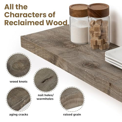 FLYJOE 48 Inch Fireplace Mantel Shelf - 8 Inch Deep Rustic Solid Reclaimed Wood Floating Shelf, Wall Mounted Farmhouse Display Shelf with Invisible Heavy Duty Metal Bracket, Set of 2, Cement Grey - color: Distressed Grey, size: 48inches-2P