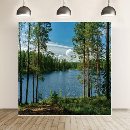 8x8ft Forest Lake Photo Backdrop Park Lakeside Green Trees Natural Scenery Background Banner Spring Summer Countryside Outdoor Picnic Camping Hiking Decor Kids Adults Portrait Studio Props - size: 8x8ft