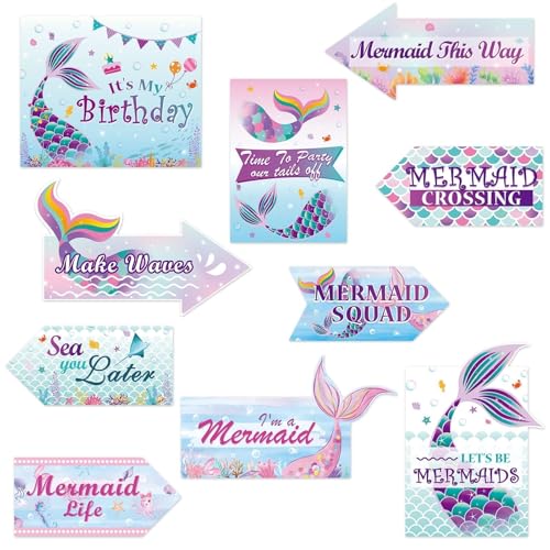 WERNNSAl 10PCS Mermaid Birthday Party Decorations - Ocean Party Decorations for Girls Kids Mermaid Birthday Party Supplies under The Sea Mermaid Sign for Home Door Yard Wall Decor - style: Mermaid A002