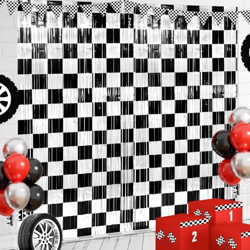 6 Pack 3.3Ft x 6.6Ft Race Car Checkered Foil Fringe Curtain Backdrop Decorations, Black White Metallic Tinsel Foil Streamers Curtain Photo Booth for Race Car One Happy Dude Birthday Party Decorations - color: Black and White