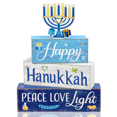 Moucuny 4 Pcs Hanukkah Decorations for Home Chanukah Table Decor Wooden Menorah Decoration Hanukkah Centerpiece Rustic Decorative Menorah Block Signs Gift Farmhouse Jewish New Year Decoration for Home - style: Candle