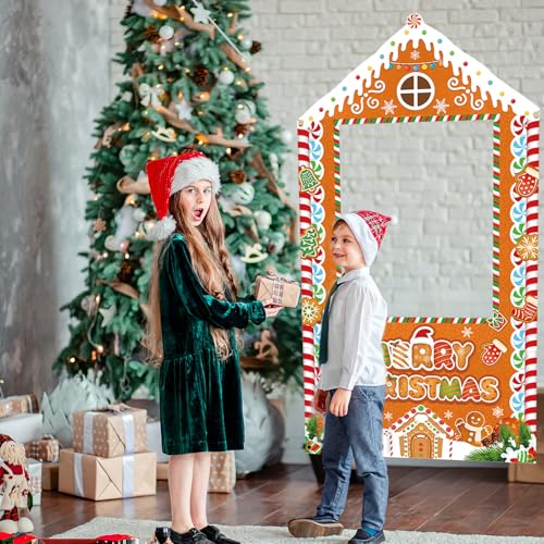 Christmas Party Decorations Christmas Photo Booth Backdrop Large Gingerbread House Xmas Photo Background Banner for Holiday Party, Indoor Outdoor for Family Gathering Office, Classroom Home Décor