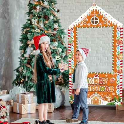 Christmas Party Decorations Christmas Photo Booth Backdrop Large Gingerbread House Xmas Photo Background Banner for Holiday Party, Indoor Outdoor for Family Gathering Office, Classroom Home Décor