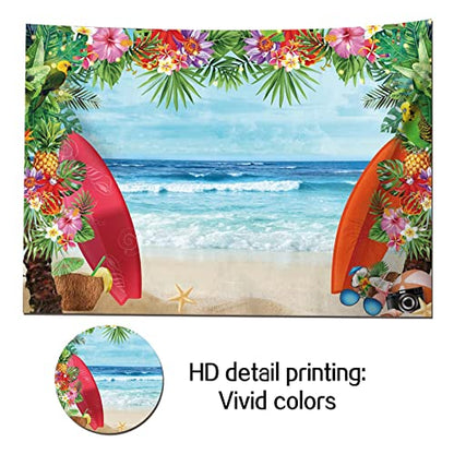 8x6FT Summer Tropical Beach Theme Photo Background Fabric Beach Conch Hawaii Blue Sea Flower Children Birthday Luau Party Photography Backdrop Kids Baby Shower Cake Table Decor Studio Shoot Props - size: 8X6 FT