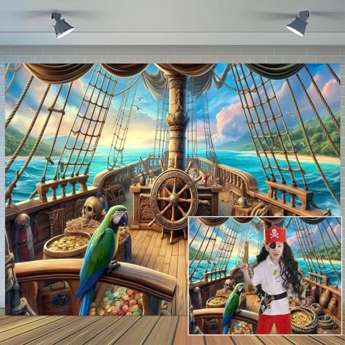 15x10ft Vintage Pirate Ship Backdrop Wooden Rudder Treasure Chests Sailing Ship Map Barrels Parrot Ocean Sea Adventure Nautical Pirates Background Pirate Theme Party Decorations Photo Props - size: 15X10FT