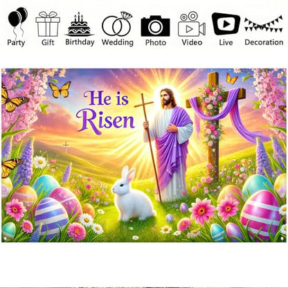 BlissYard Happy Easter Banner 71x43 Inch He is Risen Easter Backdrop Spring Christian Cross Lily Jesus Photography Background Religious Party Decorations Photo Banner Booth Studio Props - color: He is Risen Banner#1