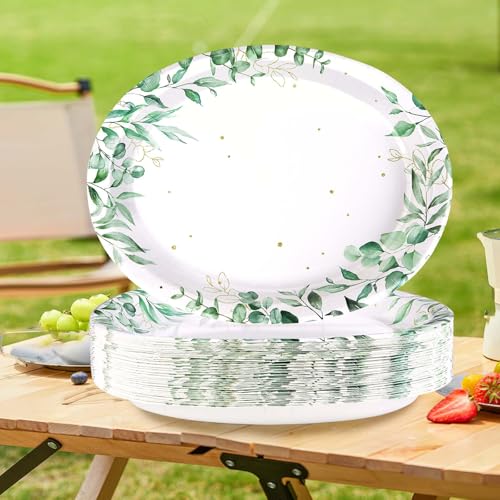 50Pcs Sage Green Oval Paper Plates 10" x 12" Large Disposable Heavy Duty Watercolor Eucalyptus Paper Platters Sage Floral Green Leaves Dessert Plates for Baby Shower Picnic Wedding Dinner Supplies - style: 50Pcs Spring Eucalyptus Oval Plates