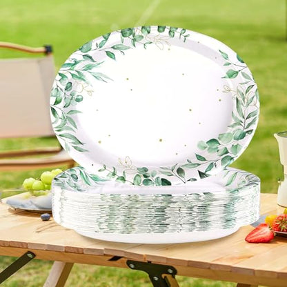 50Pcs Sage Green Oval Paper Plates 10" x 12" Large Disposable Heavy Duty Watercolor Eucalyptus Paper Platters Sage Floral Green Leaves Dessert Plates for Baby Shower Picnic Wedding Dinner Supplies - style: 50Pcs Spring Eucalyptus Oval Plates