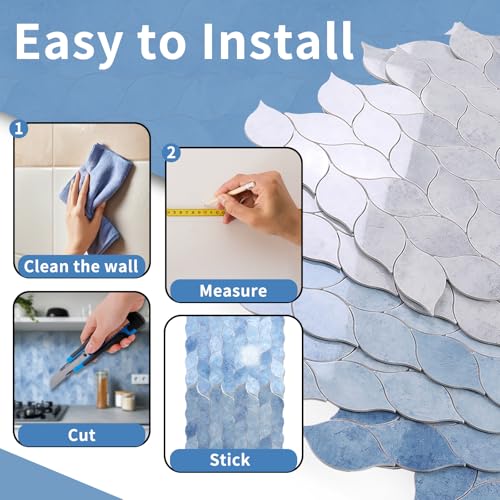 Tilingview 10-Sheet Peel and Stick Backsplash Tile for Kitchen, Self-Adhesive Mosaic Glossy Leaf Stick on Wall Tile with Gaps (Sky Blue) - color: Leaf Gaps Sky Blue