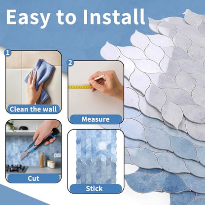 Tilingview 10-Sheet Peel and Stick Backsplash Tile for Kitchen, Self-Adhesive Mosaic Glossy Leaf Stick on Wall Tile with Gaps (Sky Blue) - color: Leaf Gaps Sky Blue