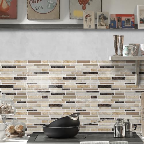 VICCI 12-Sheets Peel and Stick Tile Backsplash 12" x 12" 3D Vinyl Self-Adhesive Wall Stickers Tiles Decals for Kitchen Backsplash Bathroom Laundry Room (Beige & Yellow & Brown) Textured Style - color: Spt-004, size: 12 x 12 inch (3D Textured style)