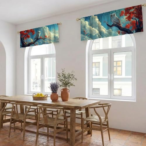 Owl Curtain, Two-Pack, Autumn Tree Branch Sky Fantasy Red Leave,Applicable to Bathroom, Bedroom, 54x18 inches. - color: Owl