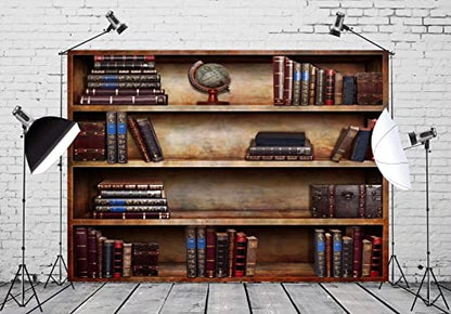 BELECO 9x6ft Fabric Old Bookshelf Backdrop Brown Wooden Bookcase Hardcover Books Globe Background Students Teachers Graduates Artistic Portrait Shooting Online Teaching Background Video Studio Props - size: 9x6FT