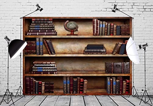 BELECO 8x6ft Fabric Old Bookshelf Backdrop Brown Wooden Bookcase Hardcover Books Globe Background Students Teachers Graduates Artistic Portrait Shooting Online Teaching Background Video Studio Props - size: 8x6FT