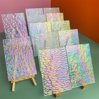 12 Sheets Iridescent Clear Stained Glass Sheet Variety Textures, 4 x 6 inch Transparent Cathedral Mosaic Glass for Crafts, Stained Glass Supplies for Art Glass Projects and Mosaic Work - color: Iridescent Clear