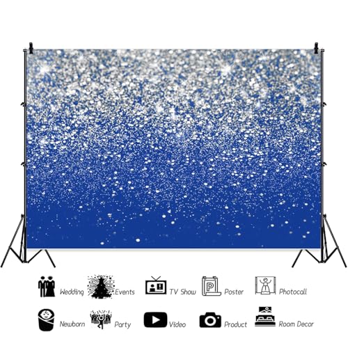 Blue and Sliver Glitter Backdrop Silver Flash Against a Blue Background Wedding Dance Graduation Photography Background Happy New Year Banner Studio Shoot Prop 5x5ft (150x150cm) - color: Blue and Sliver, size: 5x5ft (150x150cm)