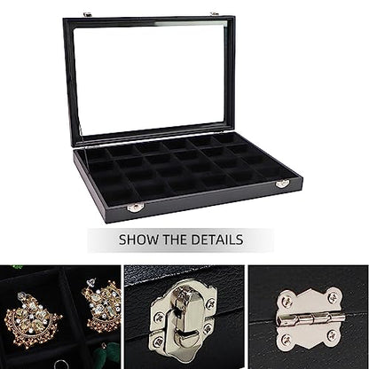 Wudygirl Earring Organizer 24 Grid Jewelry Organizer with Glass Lid Adjustable Jewelry Box Jewelry Display for Rings Necklace Bracelet Earrings Storage（Black 24 Grid） - style: 24 Grid Tray