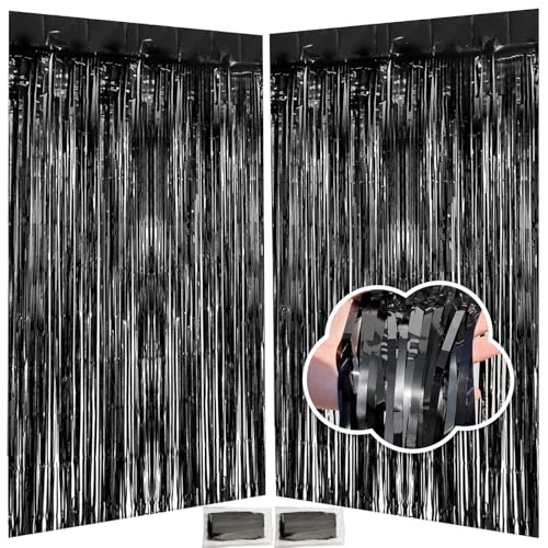 Black Fringe Backdrop Party Decorations 3.3 x 8.2 ft, 2 Pack Foil Fringe Curtains Door Streamers, Black Tinsel Backdrop for Birthday Halloween Twilight Bachelorette Decor - color: Black