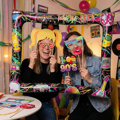 90s Inflatable Photo Frame & Props, 25Pcs Back to The 90s Photo Booth Props with Inflatable Selfie Picture Frame for 1990s Throwback Birthday Party Supplies - color: 90s