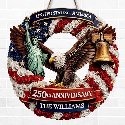 Personalized 250th Anniversary Patriotic Wood Wreath Door Sign 1776-2026, Custom Family Name Round Door Hanger, Independence Decor, Decoration Gifts, Gift For Mom, Dad, Brother, Family /12 - color: Design 12